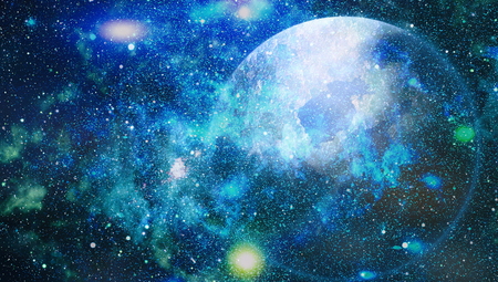 Deep space background with stardust and shining star. Milky way cosmic background. Star dust and pixie dust glitter space backdrop. Space stars and planet conceptual image.の写真素材