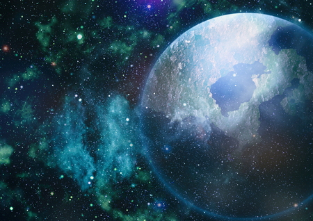 Panoramic looking into deep space. Dark night sky full of stars. The nebula in outer space.の写真素材