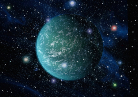 Stars of a planet and galaxy in a free space.の写真素材