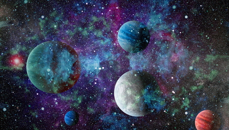 Stars of a planet and galaxy in a free space.の写真素材