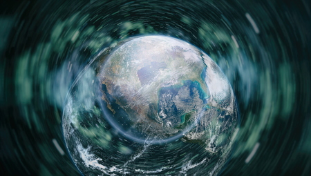 Earth, sun and galaxy.の写真素材