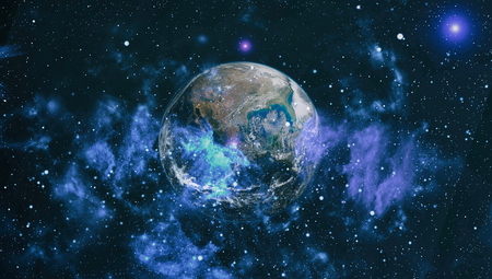 Earth, sun and galaxy.