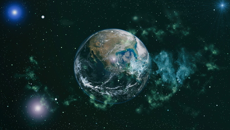 Earth, sun and galaxy.の写真素材