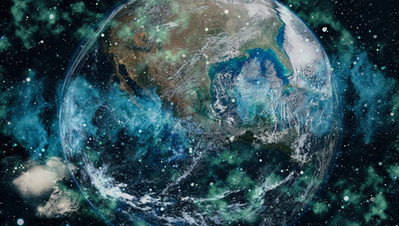 Earth, sun and galaxy.
