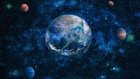 Earth in the outer space collage. Abstract wallpaper. Our home.の写真素材