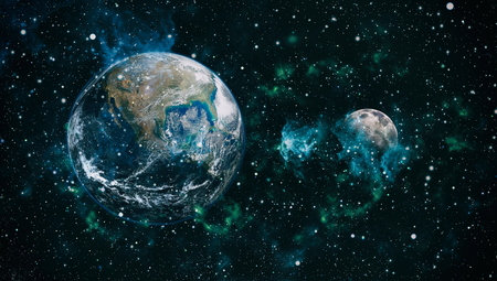 The Earth and Moon from space on a black background.の写真素材