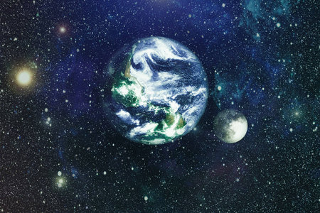 Earth and moon view from spaceの写真素材