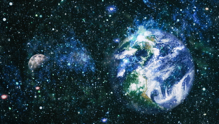 Earth and moon view from spaceの写真素材