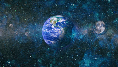 Earth and moon view from spaceの写真素材