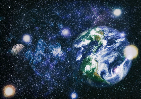 Earth and moon view from spaceの写真素材