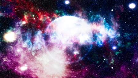 Stars of a planet and galaxy in a free space.の写真素材