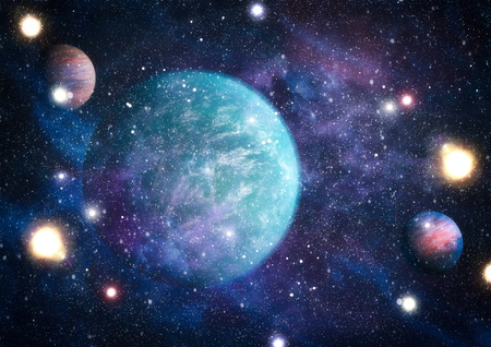 Stars of a planet and galaxy in a free space.の写真素材