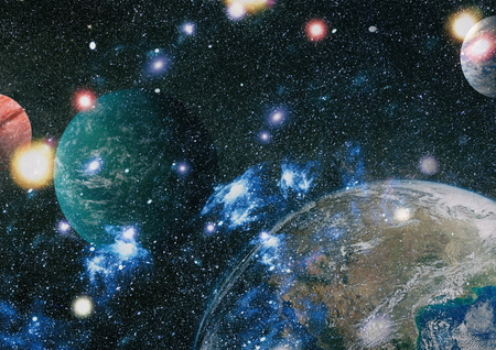 Far being shine nebula and star field against space.