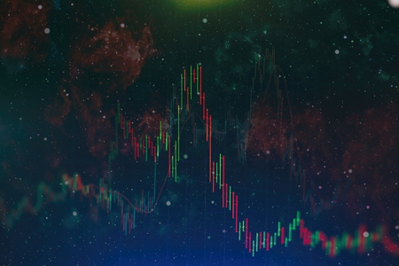 financial candlestick chart with line graph and stock numbers on gradient blue color background