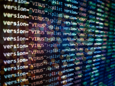 Virus detected, alert message. Scanning and identifying computer virus inside binary code listing.