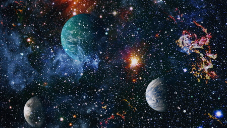 Chaotic space background. planets, stars and galaxies in outer space showing the beauty of space exploration.の写真素材