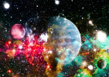 Chaotic space background. Planets, stars and galaxies in outer space showing the beauty of space exploration.の写真素材
