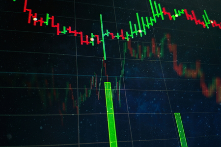 Technical price graph and indicator, red and green candlestick chart on blue theme screen, market volatility, up and down trend. Stock trading, crypto currency background. Technical price graph and indicator, red and green candlestick chart on blue theme screen, market volatility, up and down trend. Stock trading, crypto currency background.