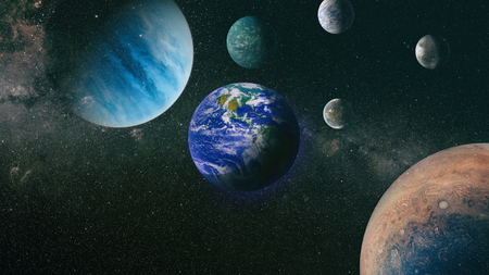 Panoramic view of the Earth, sun, star and galaxy. Sunrise over planet Earth, view from space