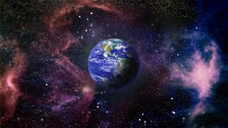 Panoramic view of the Earth, sun, star and galaxy. Sunrise over planet Earth, view from space
