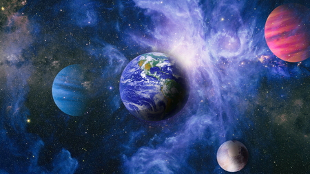 Panoramic view of the Earth, sun, star and galaxy. Sunrise over planet Earth, view from space