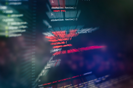 Running Computer data / WWW programming. Coding script text on screen. Notebook closeup photo.