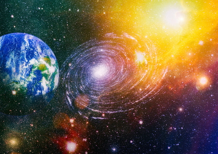 Earth, galaxy and sun.の写真素材