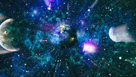 Earth, galaxy and sun.の写真素材