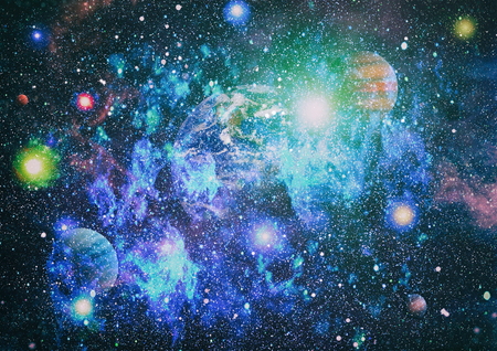 Beautiful night sky, star in the space. Collage on space, science and education items.の写真素材