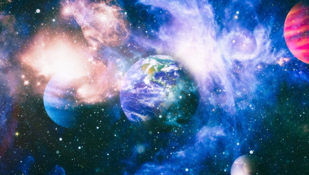 Beautiful night sky, star in the space. Collage on space, science and education items.の写真素材