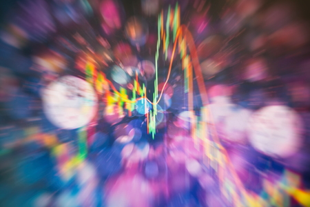 Charts of financial instruments with various type of indicators including volume analysis for professional technical analysis on the monitor of a computer. Fundamental and technical analysis concept.の写真素材