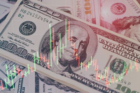 Economic graph with diagrams on the stock market, for business and financial concepts and reports.Abstract blue background.の写真素材