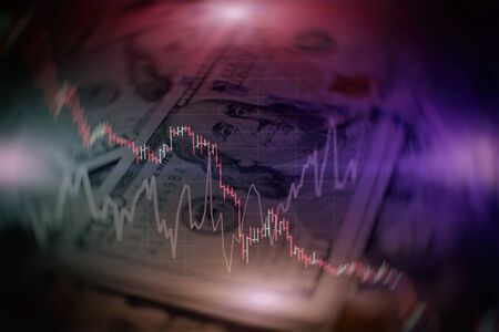 Close up of abstract business chart bars and arrows on dark background with binary code.