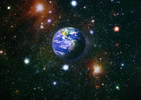 Panoramic view of the Earth, sun, star and galaxy. Sunrise over planet Earth, view from space