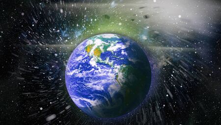 Panoramic view of the Earth, sun, star and galaxy. Sunrise over planet Earth, view from space