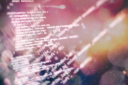 Digital technology on display. HTML5 in editor for website development. Website HTML Code on the Laptop Display Closeup Photo.の写真素材