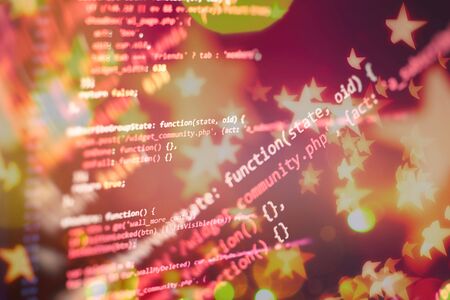 Monitor closeup of function source code.Writing programming functions on laptop. Big data and...