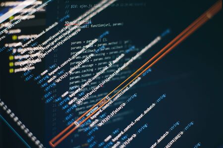 Monitor closeup of function source code.Writing programming functions on laptop. Big data and Internet of things trend.の写真素材