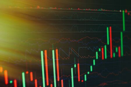 Charts of financial instruments with various type of indicators including volume analysis for professional technical analysis on the monitor of a computer.の写真素材