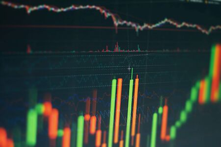Charts of financial instruments with various type of indicators including volume analysis for professional technical analysis on the monitor of a computer.の写真素材