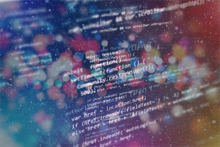 Coding script text on screen. Notebook closeup photo. CSS, JavaScript and HTML usage.
