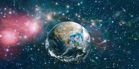 Beautiful Earth . Panoramic view of the Earth, sun, star and galaxy. Sunrise over planet Earth, view from spaceの写真素材