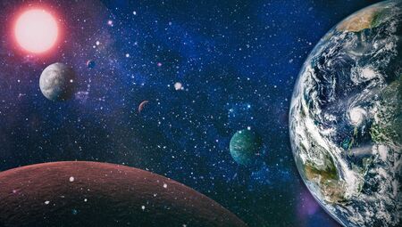 Beautiful Earth . Panoramic view of the Earth, sun, star and galaxy. Sunrise over planet Earth, view...