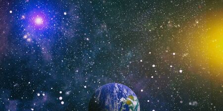 Beautiful Earth . Panoramic view of the Earth, sun, star and galaxy. Sunrise over planet Earth, view from spaceの写真素材