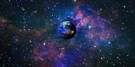 Beautiful Earth . Panoramic view of the Earth, sun, star and galaxy. Sunrise over planet Earth, view from spaceの写真素材