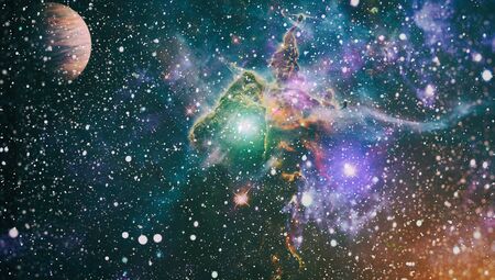 Giant glowing nebula. Space background with red nebula and stars.の写真素材