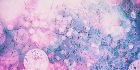 Triangles, dots and lines are connecting with shine on blur background. Slow motion and shallow depth of fieldの写真素材