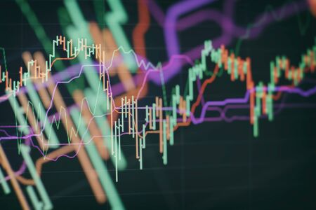 Technical price graph and indicator, red and green candlestick chart on blue theme screen, market...