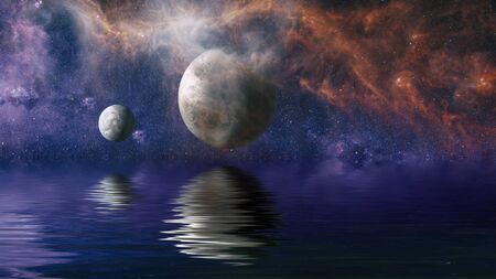 Beautiful unusual space planet in space reflected in water. galaxy stars night sky