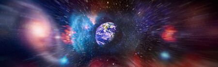 Panoramic view of the Earth, sun, star and galaxy. Sunrise over planet Earth, view from spaceの写真素材